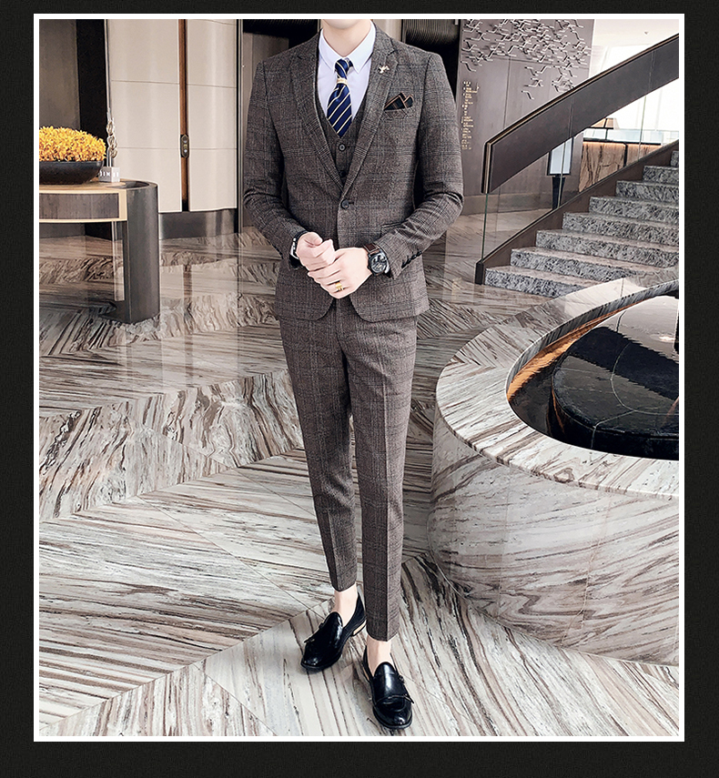 S-7XL ( Blazer + Vest + Pants ) Striped Plaid Solid Color Mens Formal Business Suit 3Pcs Set Groom Wedding Social Show Dress