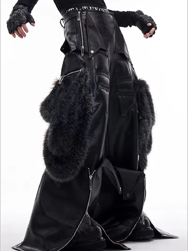 Mauroicardi Spring Autumn Cool Long Baggy Black Pu Leather Wide Leg Cargo Pants Men Luxury Mens Designer Clothes Streetwear 2025