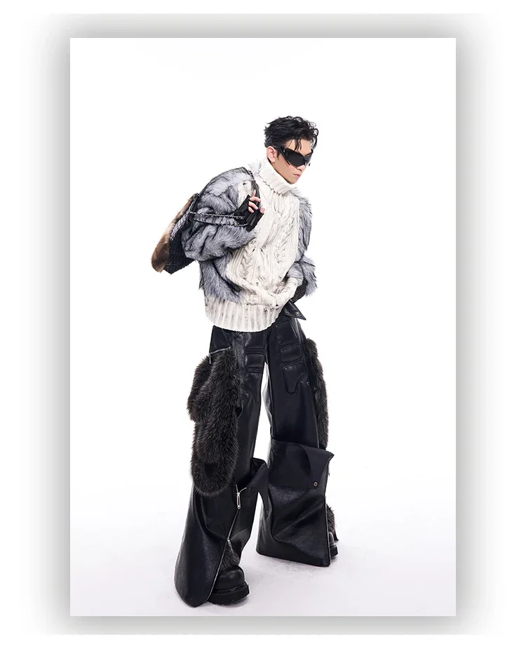 Mauroicardi Spring Autumn Cool Long Baggy Black Pu Leather Wide Leg Cargo Pants Men Luxury Mens Designer Clothes Streetwear 2025