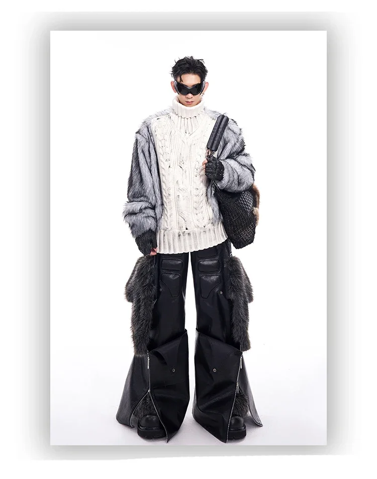 Mauroicardi Spring Autumn Cool Long Baggy Black Pu Leather Wide Leg Cargo Pants Men Luxury Mens Designer Clothes Streetwear 2025