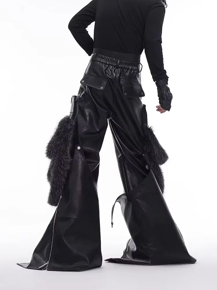 Mauroicardi Spring Autumn Cool Long Baggy Black Pu Leather Wide Leg Cargo Pants Men Luxury Mens Designer Clothes Streetwear 2025
