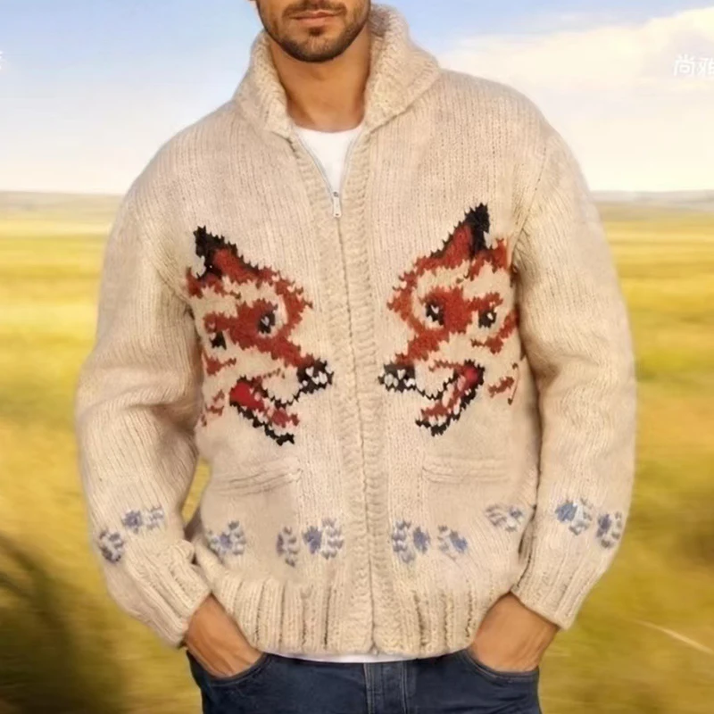 Knitting Zipper Turn-down Thermal Warm Mens Thicken Sweater Coat Fall Winter Fox Crochet Knit Cardigan Vintage Sweatercoats
