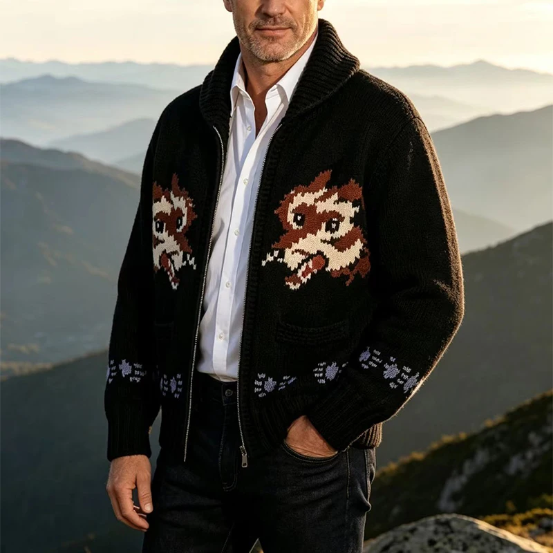 Knitting Zipper Turn-down Thermal Warm Mens Thicken Sweater Coat Fall Winter Fox Crochet Knit Cardigan Vintage Sweatercoats
