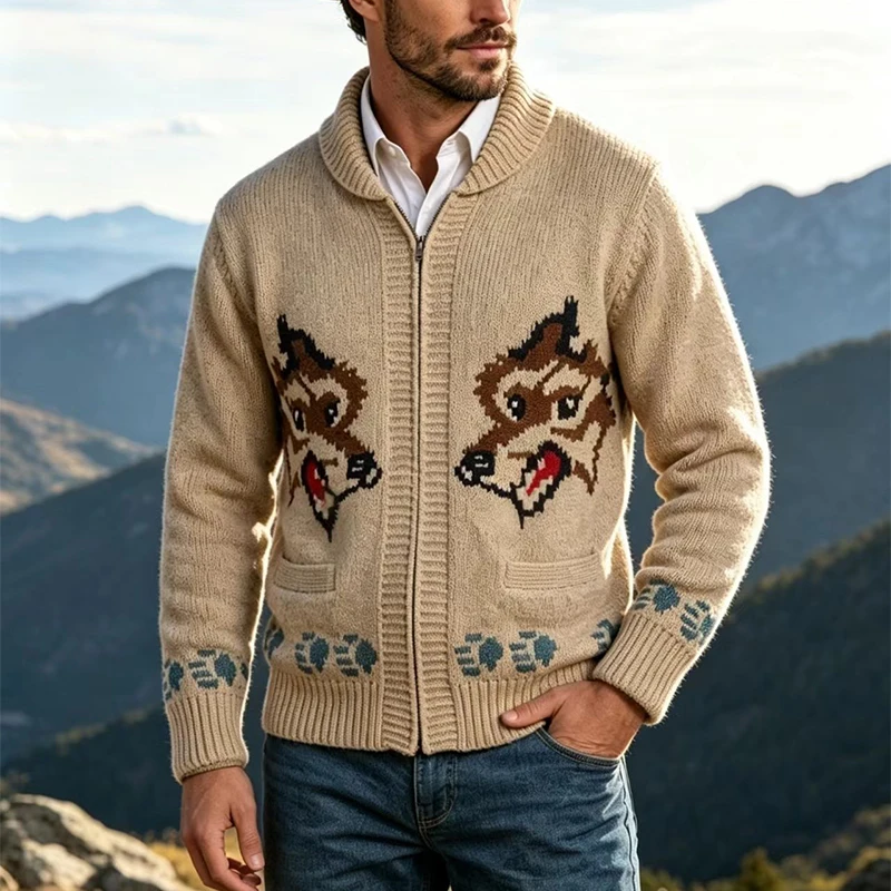 Knitting Zipper Turn-down Thermal Warm Mens Thicken Sweater Coat Fall Winter Fox Crochet Knit Cardigan Vintage Sweatercoats