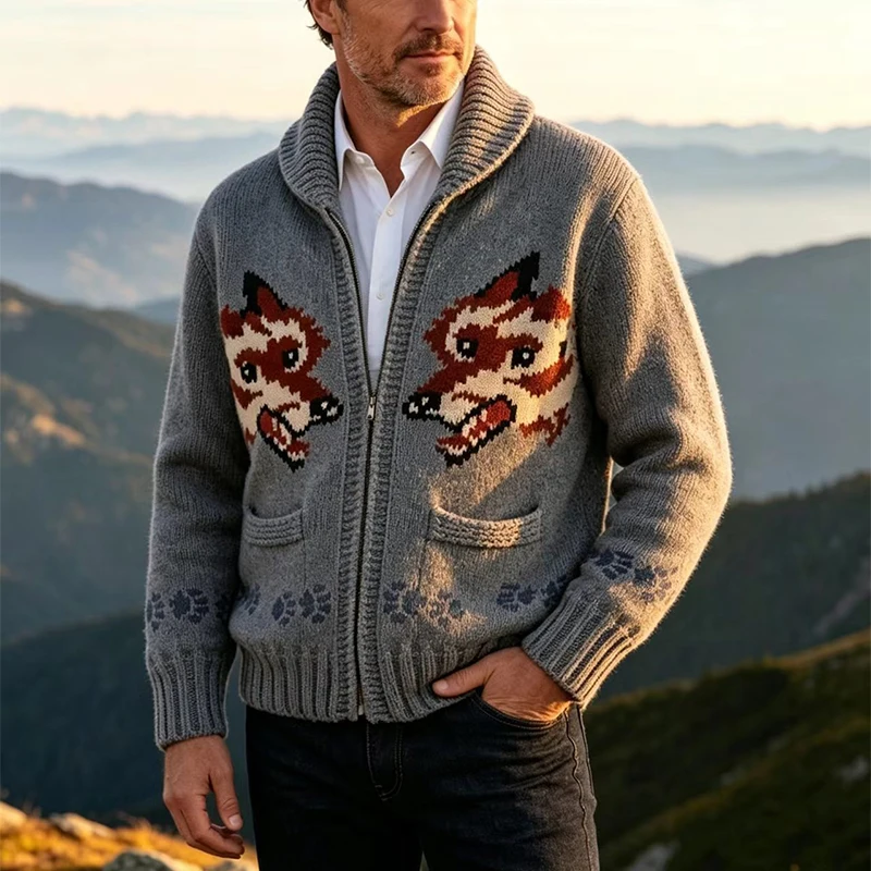 Knitting Zipper Turn-down Thermal Warm Mens Thicken Sweater Coat Fall Winter Fox Crochet Knit Cardigan Vintage Sweatercoats