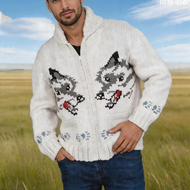 Knitting Zipper Turn-down Thermal Warm Mens Thicken Sweater Coat Fall Winter Fox Crochet Knit Cardigan Vintage Sweatercoats