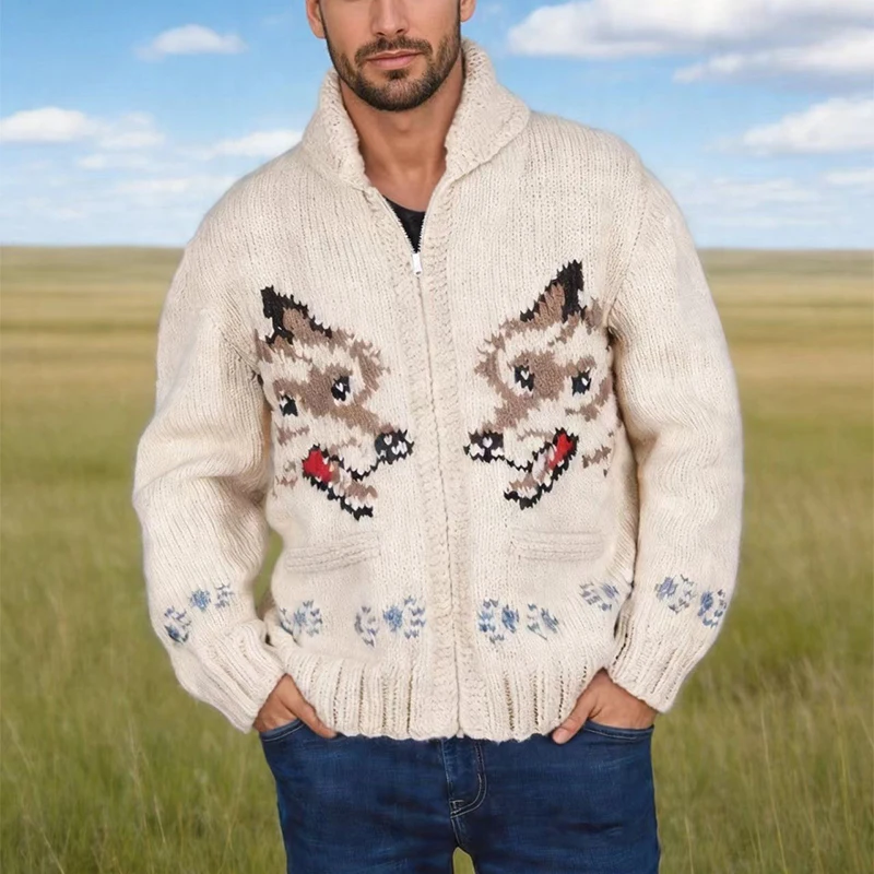 Knitting Zipper Turn-down Thermal Warm Mens Thicken Sweater Coat Fall Winter Fox Crochet Knit Cardigan Vintage Sweatercoats