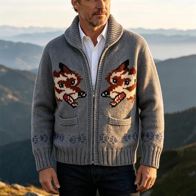 Knitting Zipper Turn-down Thermal Warm Mens Thicken Sweater Coat Fall Winter Fox Crochet Knit Cardigan Vintage Sweatercoats