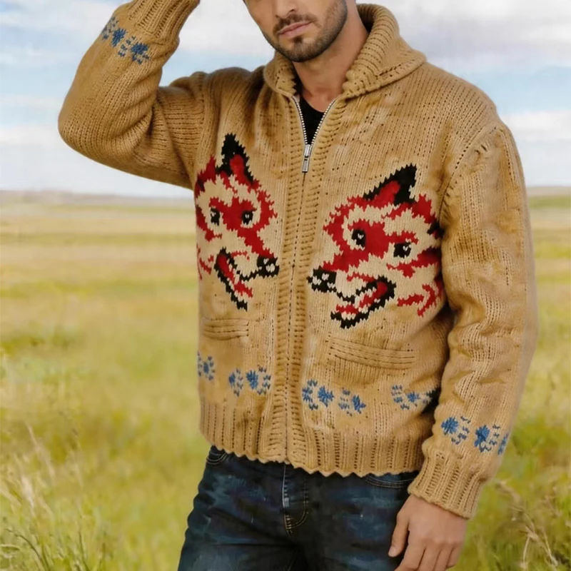 Knitting Zipper Turn-down Thermal Warm Mens Thicken Sweater Coat Fall Winter Fox Crochet Knit Cardigan Vintage Sweatercoats