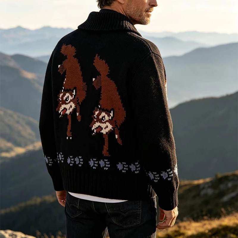 Knitting Zipper Turn-down Thermal Warm Mens Thicken Sweater Coat Fall Winter Fox Crochet Knit Cardigan Vintage Sweatercoats