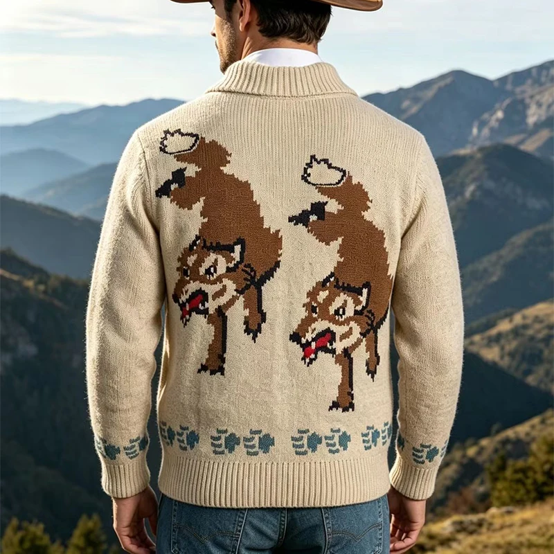 Knitting Zipper Turn-down Thermal Warm Mens Thicken Sweater Coat Fall Winter Fox Crochet Knit Cardigan Vintage Sweatercoats