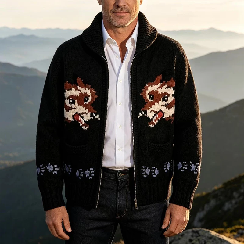 Knitting Zipper Turn-down Thermal Warm Mens Thicken Sweater Coat Fall Winter Fox Crochet Knit Cardigan Vintage Sweatercoats