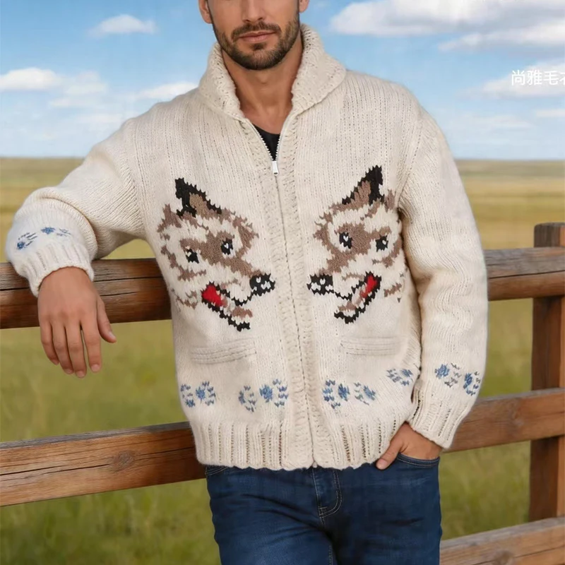 Knitting Zipper Turn-down Thermal Warm Mens Thicken Sweater Coat Fall Winter Fox Crochet Knit Cardigan Vintage Sweatercoats