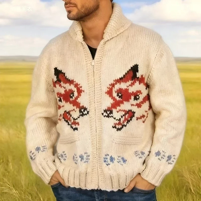Knitting Zipper Turn-down Thermal Warm Mens Thicken Sweater Coat Fall Winter Fox Crochet Knit Cardigan Vintage Sweatercoats