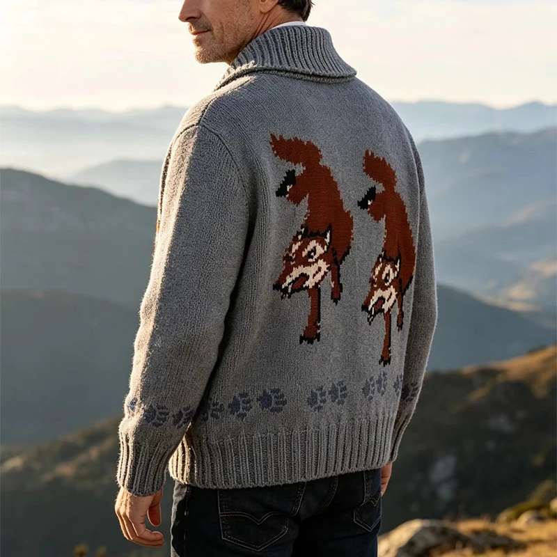 Knitting Zipper Turn-down Thermal Warm Mens Thicken Sweater Coat Fall Winter Fox Crochet Knit Cardigan Vintage Sweatercoats