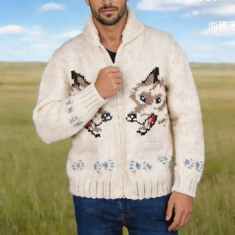 Knitting Zipper Turn-down Thermal Warm Mens Thicken Sweater Coat Fall Winter Fox Crochet Knit Cardigan Vintage Sweatercoats
