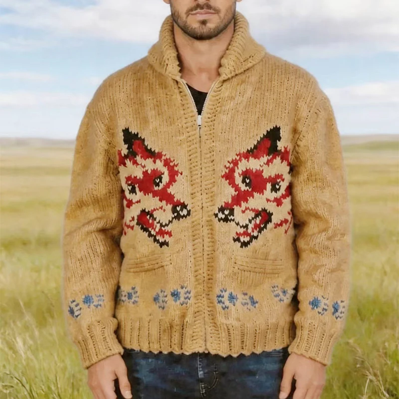 Knitting Zipper Turn-down Thermal Warm Mens Thicken Sweater Coat Fall Winter Fox Crochet Knit Cardigan Vintage Sweatercoats