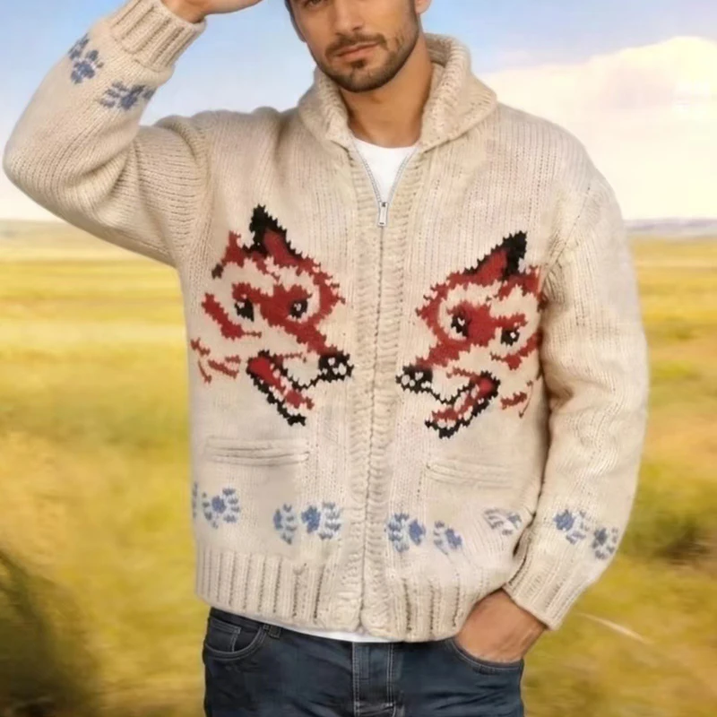 Knitting Zipper Turn-down Thermal Warm Mens Thicken Sweater Coat Fall Winter Fox Crochet Knit Cardigan Vintage Sweatercoats