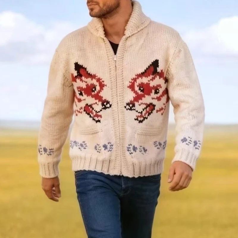 Knitting Zipper Turn-down Thermal Warm Mens Thicken Sweater Coat Fall Winter Fox Crochet Knit Cardigan Vintage Sweatercoats