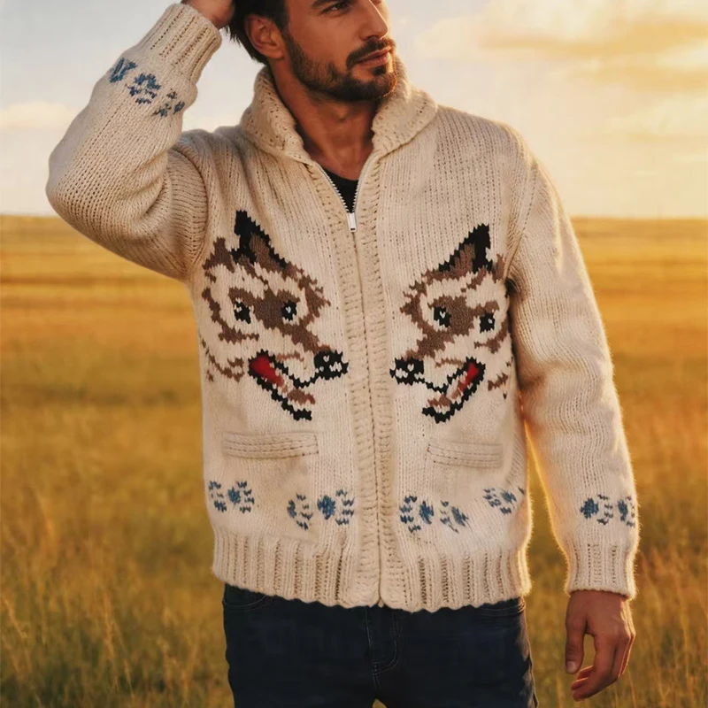 Knitting Zipper Turn-down Thermal Warm Mens Thicken Sweater Coat Fall Winter Fox Crochet Knit Cardigan Vintage Sweatercoats
