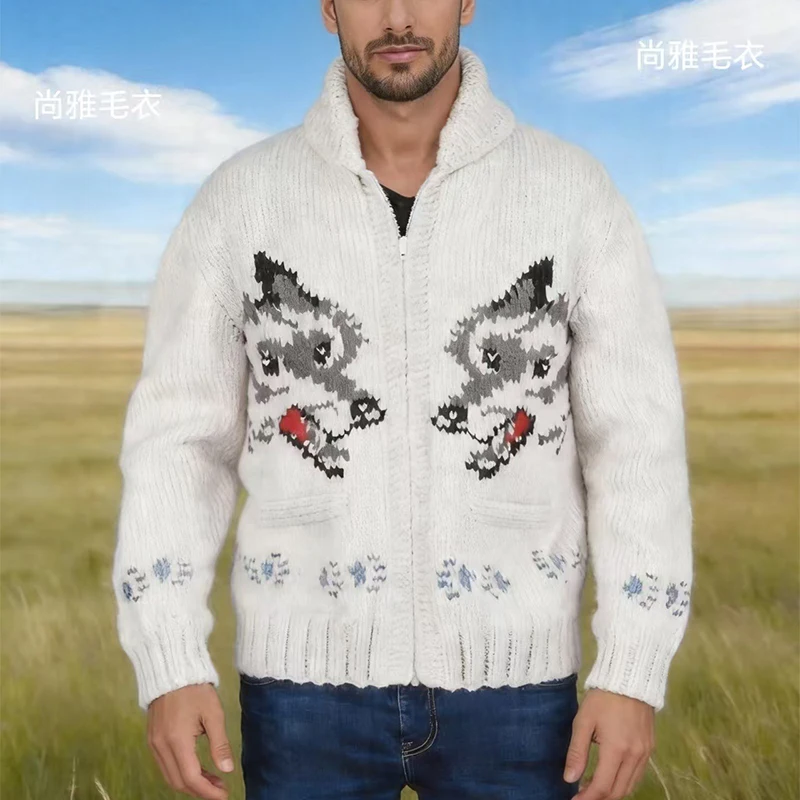 Knitting Zipper Turn-down Thermal Warm Mens Thicken Sweater Coat Fall Winter Fox Crochet Knit Cardigan Vintage Sweatercoats
