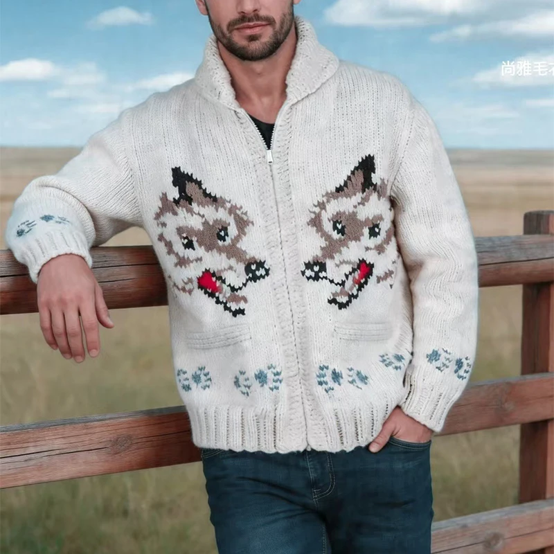 Knitting Zipper Turn-down Thermal Warm Mens Thicken Sweater Coat Fall Winter Fox Crochet Knit Cardigan Vintage Sweatercoats