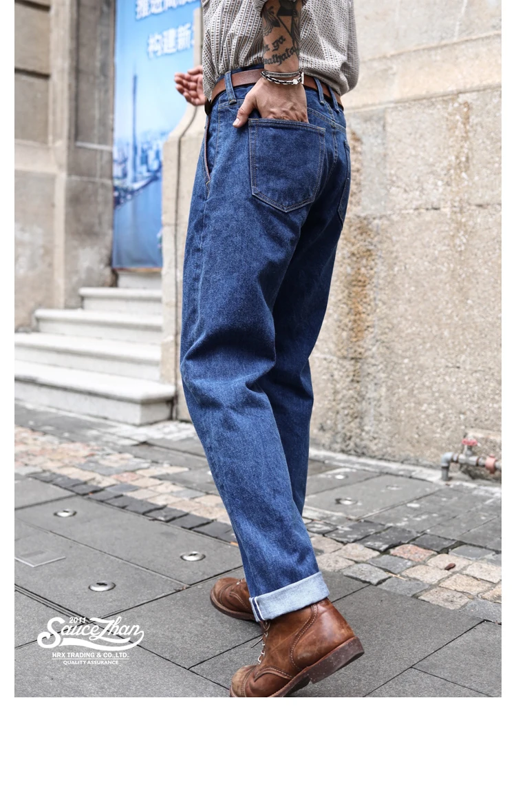 Saucezhan 315XX-18SX Men Jeans Washed Jeans Selvedge Denim Jeans for Men Distressed Jeans Taper Fit Zipper Fly 18 oz