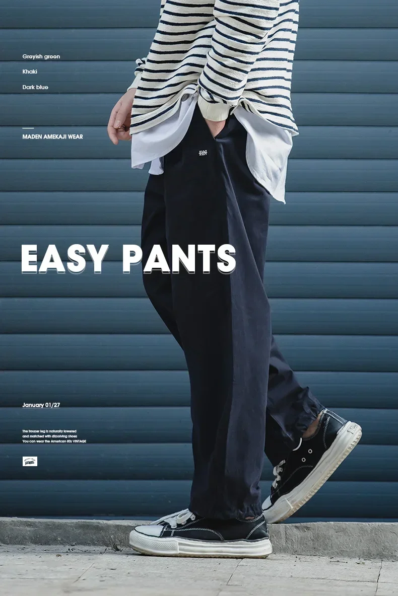 Maden Easy Cargo Pants for Men Loose Casual Pocket Rope Drawstring Pants Overalls Vintage Man Clothing Straight Trousers