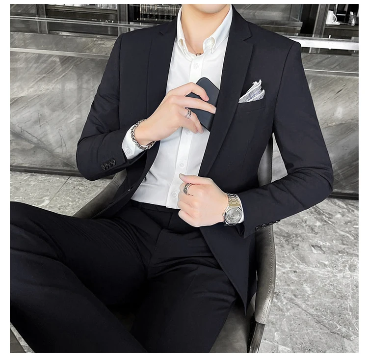 Men's Stylish Handsome Solid Color Suit Two-Piece Set M-4XL High Quality Formal Casual Banquet Fit Trousers Included