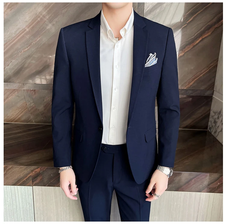 Men's Stylish Handsome Solid Color Suit Two-Piece Set M-4XL High Quality Formal Casual Banquet Fit Trousers Included