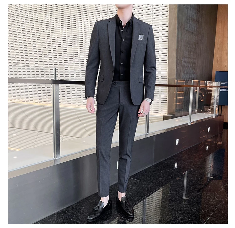 Men's Stylish Handsome Solid Color Suit Two-Piece Set M-4XL High Quality Formal Casual Banquet Fit Trousers Included