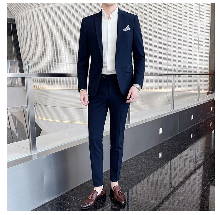 Men's Stylish Handsome Solid Color Suit Two-Piece Set M-4XL High Quality Formal Casual Banquet Fit Trousers Included
