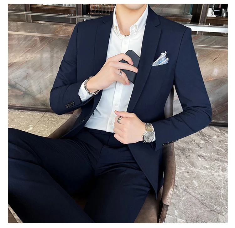 Men's Stylish Handsome Solid Color Suit Two-Piece Set M-4XL High Quality Formal Casual Banquet Fit Trousers Included