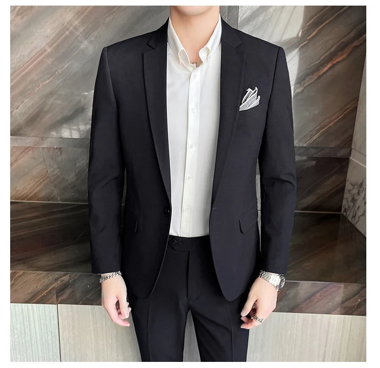 Men's Stylish Handsome Solid Color Suit Two-Piece Set M-4XL High Quality Formal Casual Banquet Fit Trousers Included