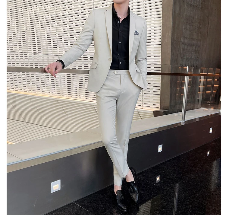 Men's Stylish Handsome Solid Color Suit Two-Piece Set M-4XL High Quality Formal Casual Banquet Fit Trousers Included