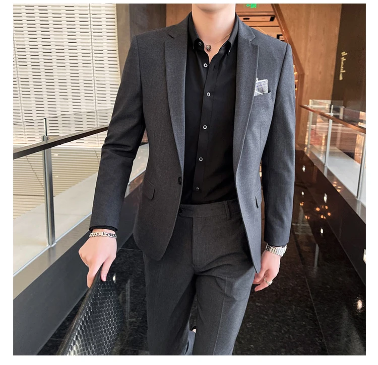Men's Stylish Handsome Solid Color Suit Two-Piece Set M-4XL High Quality Formal Casual Banquet Fit Trousers Included