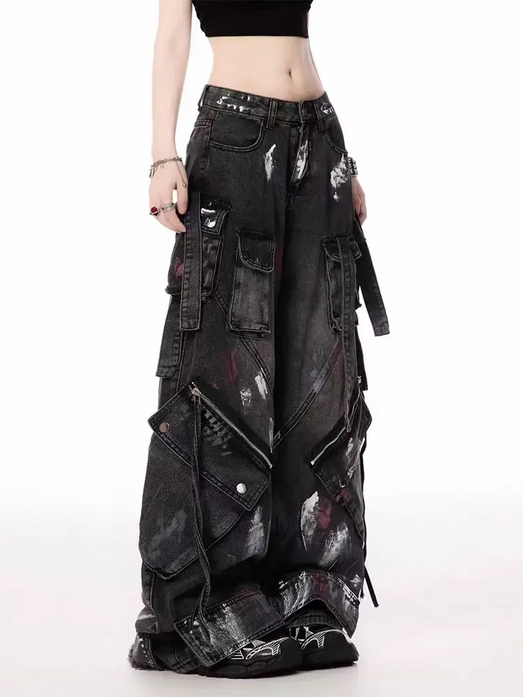 2000s Y2K heavy industry drag pants Gothic multi-pocket hip hop wide leg jeans washed black jeans men and women street pants