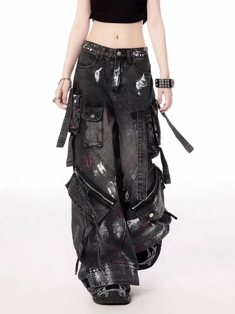 2000s Y2K heavy industry drag pants Gothic multi-pocket hip hop wide leg jeans washed black jeans men and women street pants