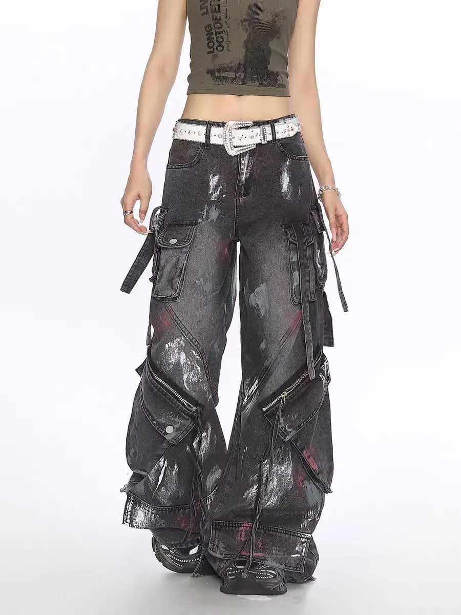 2000s Y2K heavy industry drag pants Gothic multi-pocket hip hop wide leg jeans washed black jeans men and women street pants