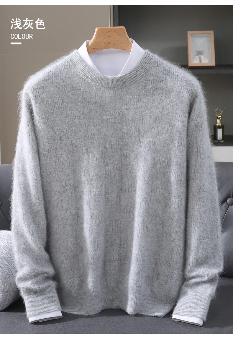 Luxury Men's 100% Mink Cashmere Thickening Sweater O-neck Grid Pullover Thick Knitwear Top Autumn Winter Anti-pilling Clothing