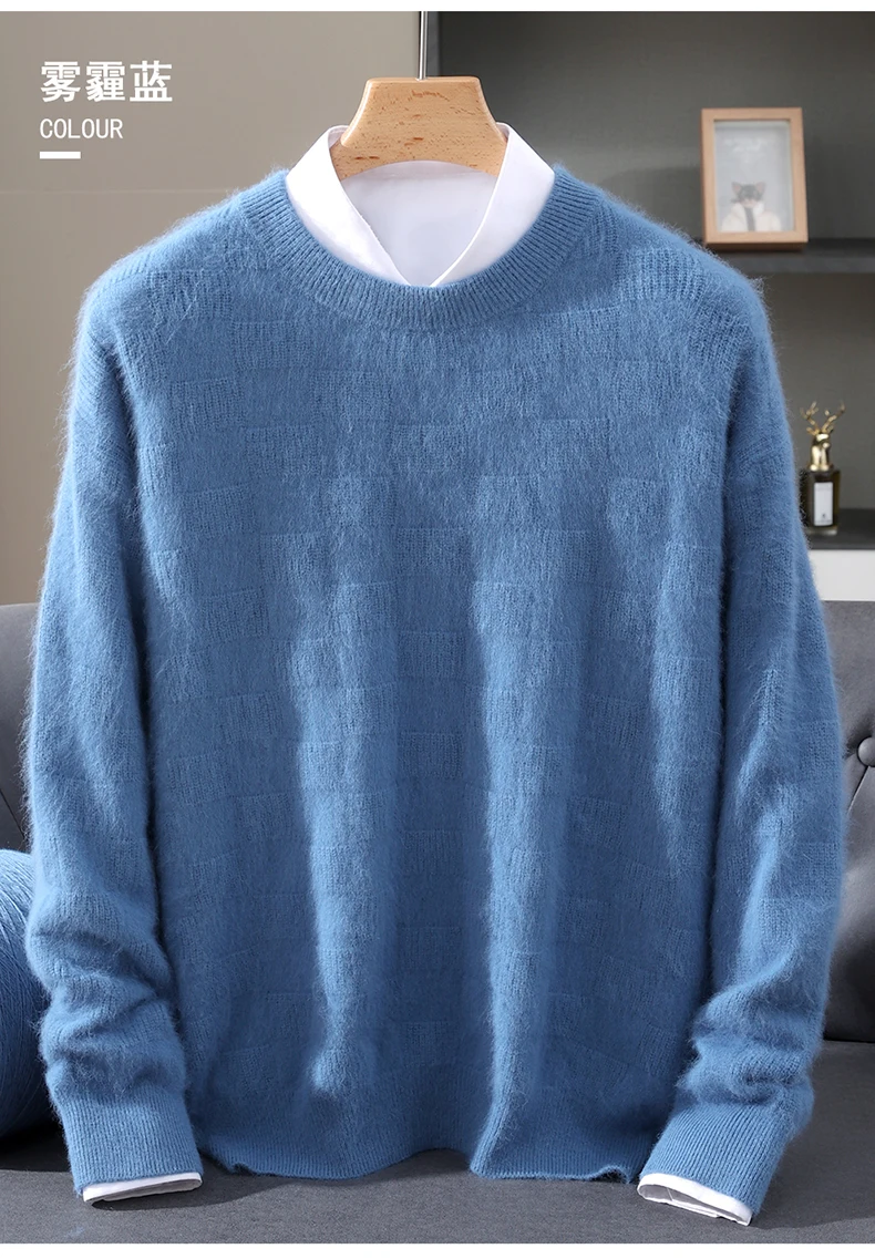 Luxury Men's 100% Mink Cashmere Thickening Sweater O-neck Grid Pullover Thick Knitwear Top Autumn Winter Anti-pilling Clothing
