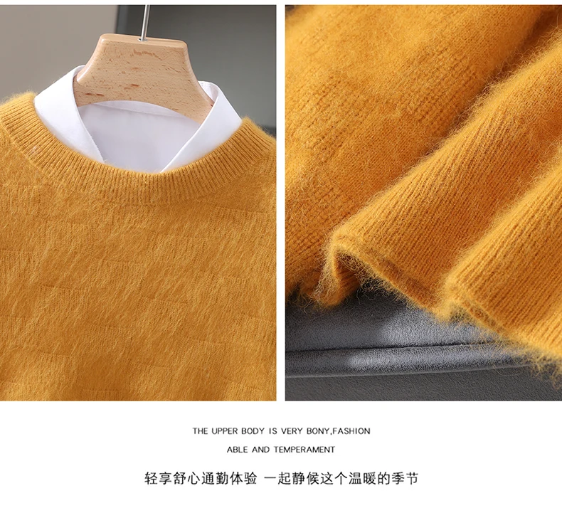 Luxury Men's 100% Mink Cashmere Thickening Sweater O-neck Grid Pullover Thick Knitwear Top Autumn Winter Anti-pilling Clothing