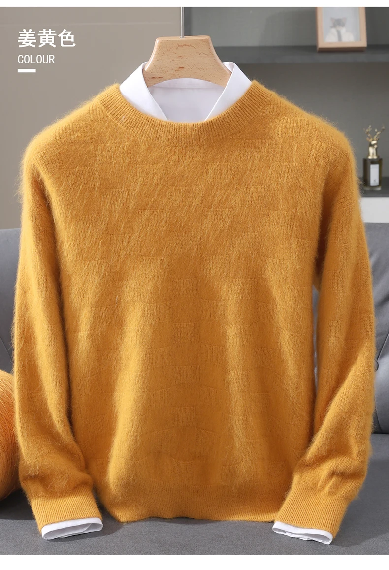 Luxury Men's 100% Mink Cashmere Thickening Sweater O-neck Grid Pullover Thick Knitwear Top Autumn Winter Anti-pilling Clothing