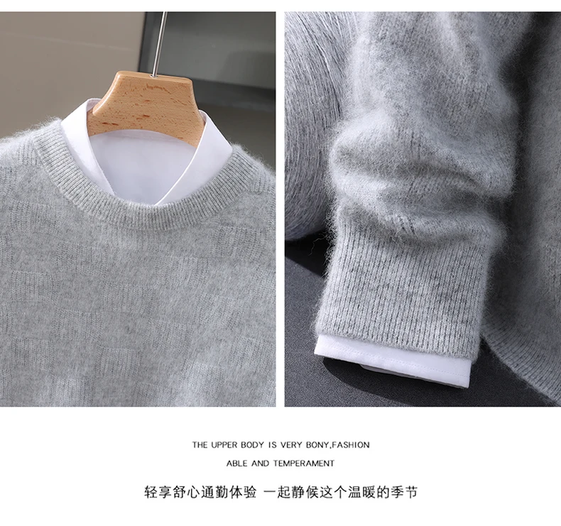 Luxury Men's 100% Mink Cashmere Thickening Sweater O-neck Grid Pullover Thick Knitwear Top Autumn Winter Anti-pilling Clothing