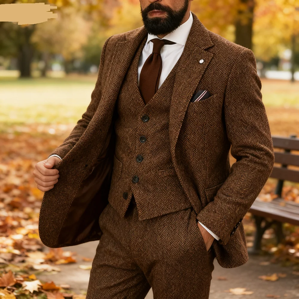 Men's Winter Tweed Wool Grey Slim Fit Formal Wedding Terno Fishbone 3 Piece Smoking Suit Male Ternos Ca