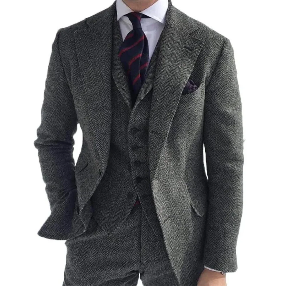 Men's Winter Tweed Wool Grey Slim Fit Formal Wedding Terno Fishbone 3 Piece Smoking Suit Male Ternos Ca