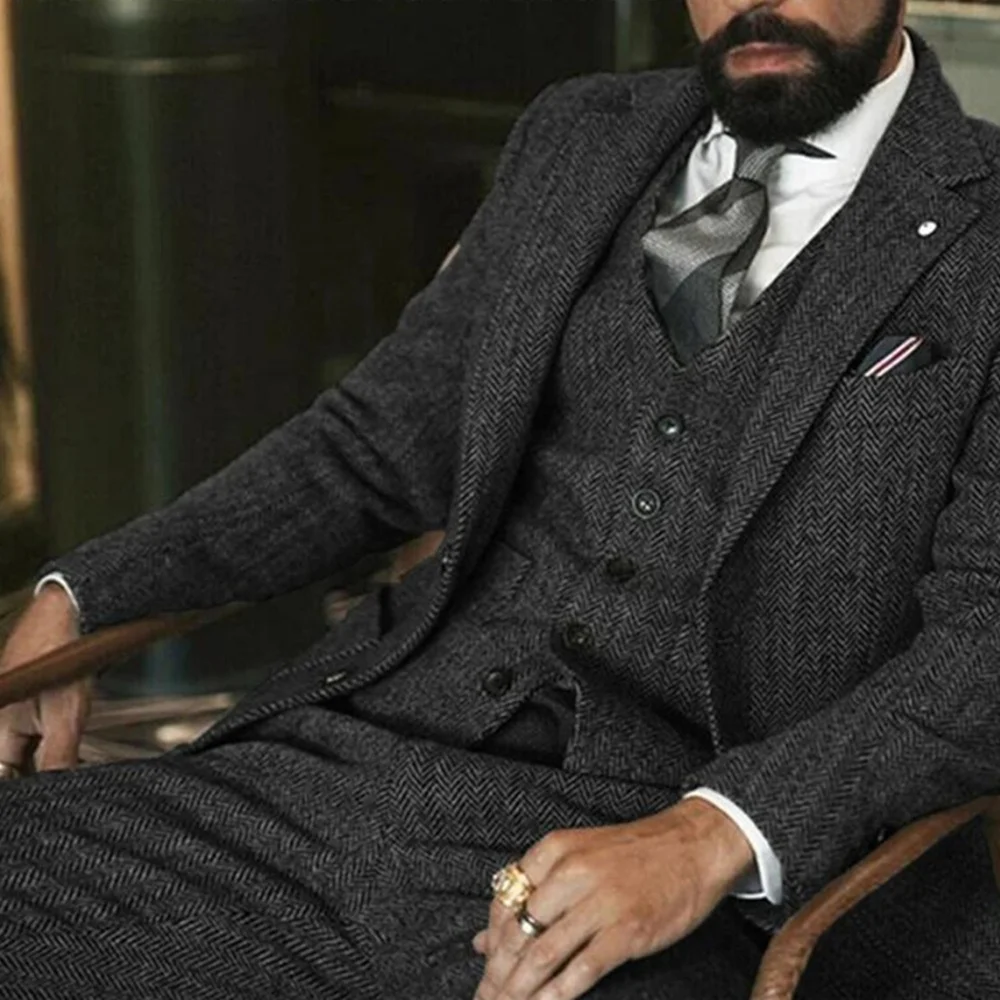 Men's Winter Tweed Wool Grey Slim Fit Formal Wedding Terno Fishbone 3 Piece Smoking Suit Male Ternos Ca