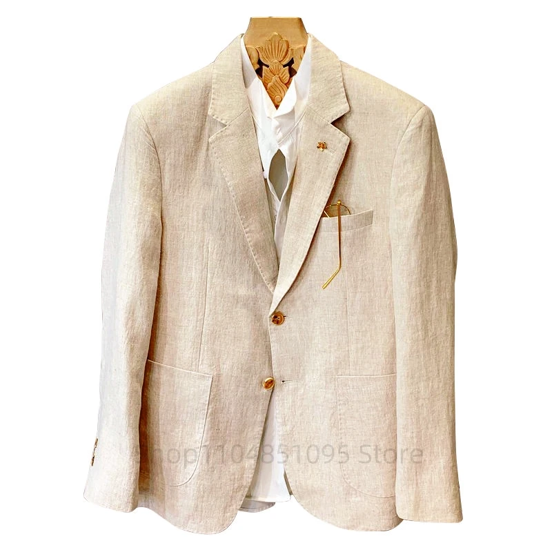 Beige Linen Suit Coat Men's Spring Summer Slim Fit Casual Business Thin Mens Blazer Notch Lapel Jacket Comfortable Breathable