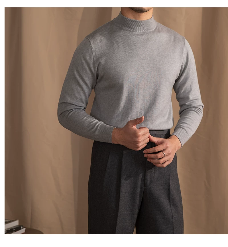 Mr. Lusan Half-turtleneck Sweater Men's Pullover Sweater Knitted Wool Sweater Slim-fit Inner Thin Base Shirt Trendy