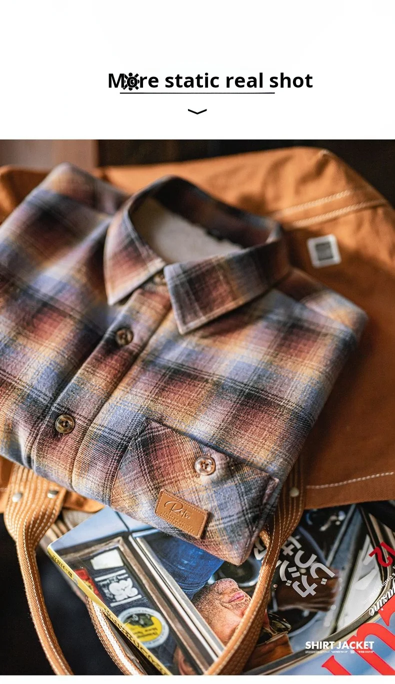 Maden Men's Vintage Ombre Plaid Shirt Sherpa Fleece Warm Blouse Cotton Long Sleeve Thickened Tops for Layering for Autumn Winter